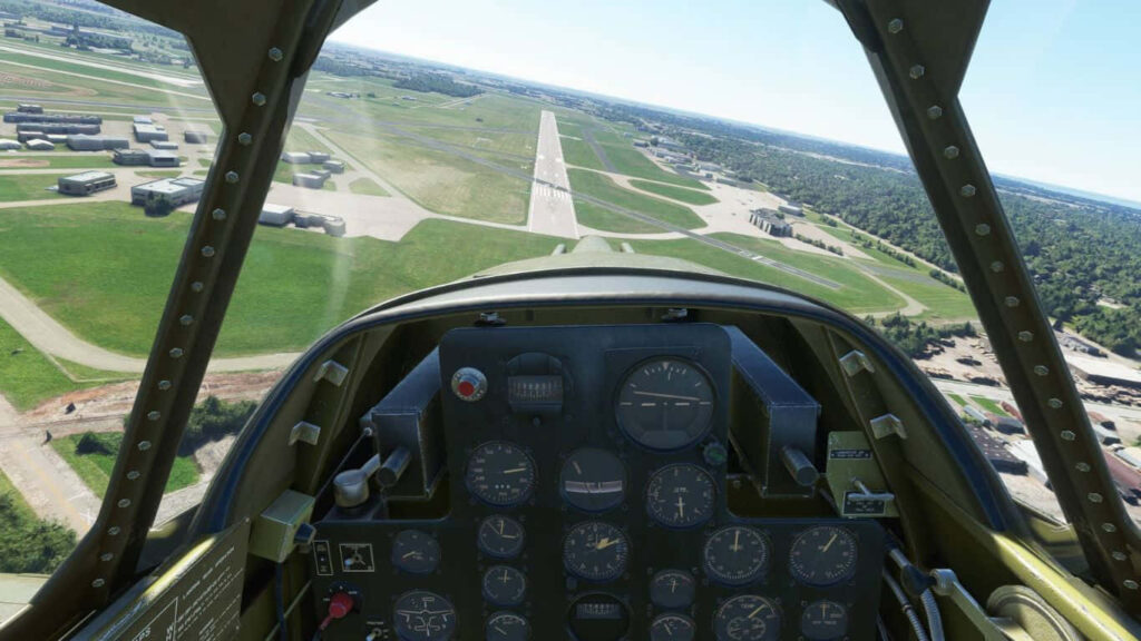 Flight Simulator Scene with Curtiss P-40 Warhawk's Flight Instrument, Soaring Over Runway Wallpaper