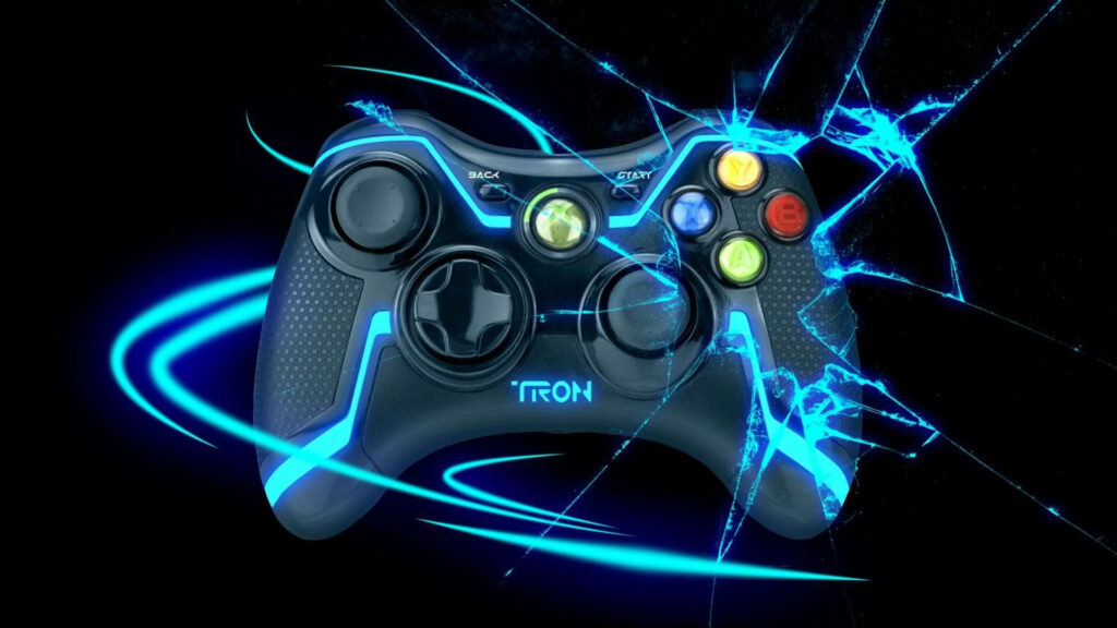 Tron-inspired Xbox 360 Controller in shattered glass effect on sleek black backdrop Wallpaper
