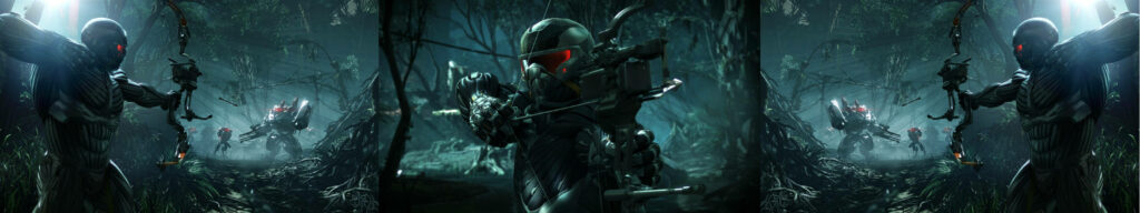 Immerse Yourself in Epic Gaming Background: Adventures with a Triple Monitor Setup Wallpaper