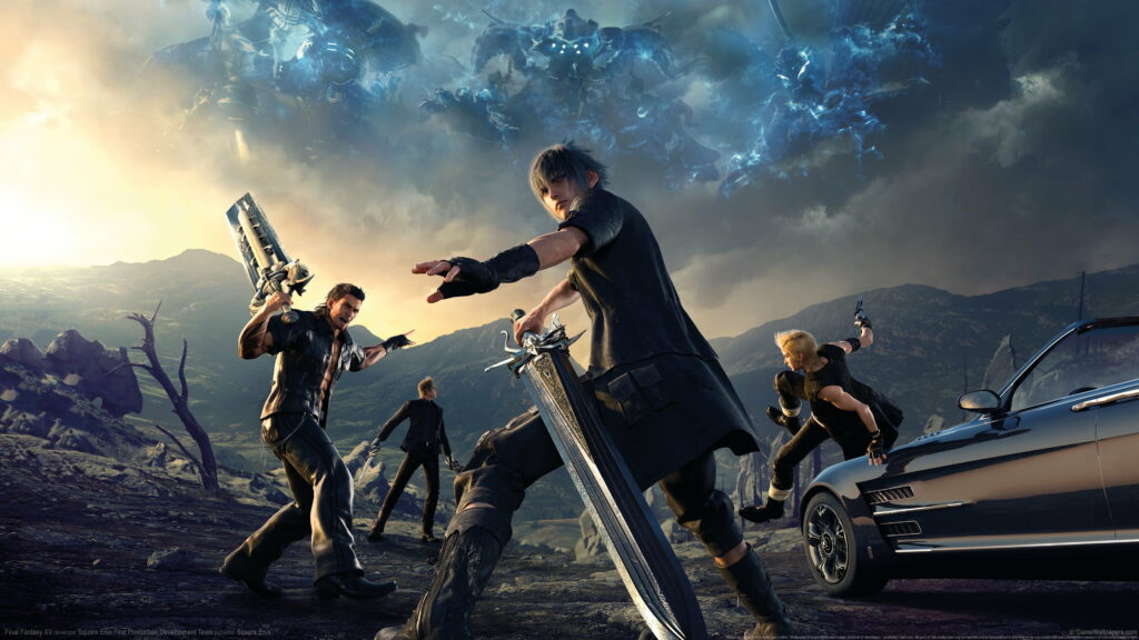Final Fantasy Noctis and companions battle against enemy on rugged terrain wallpaper.
