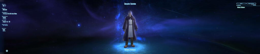Immersive Gaming Experience: Central Game Character Enveloped in Blue Illumination on Triple Monitor Display Wallpaper