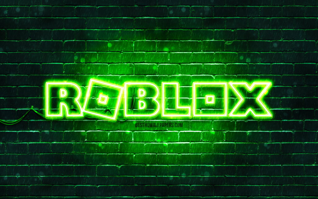 Immersive Virtual Adventures: Roblox's Vibrant Neon Logo on a Green Brickwall Wallpaper