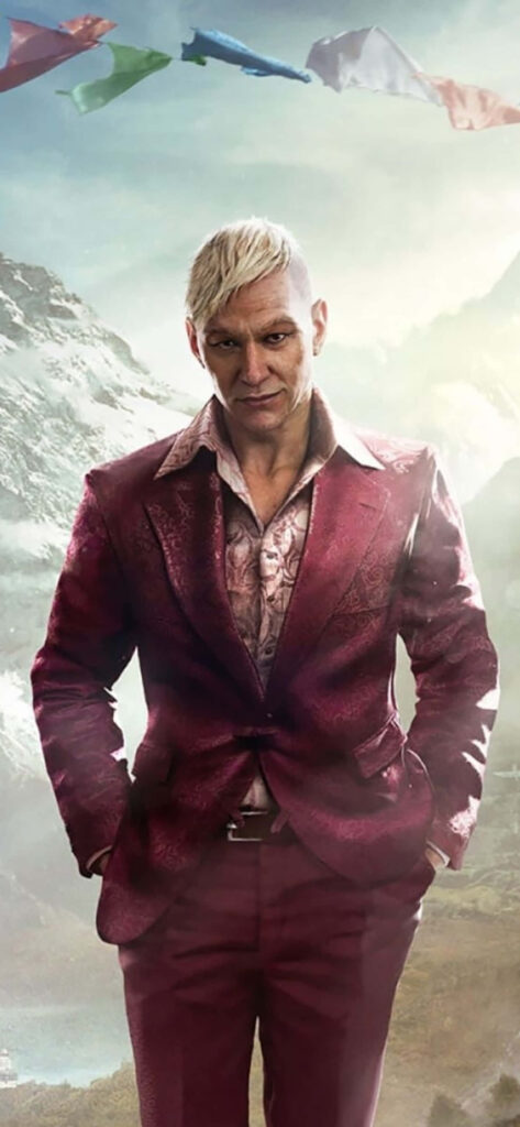 Far Cry 4 Wallpaper: Pagan Min in Purple Suit with Colorful Flags