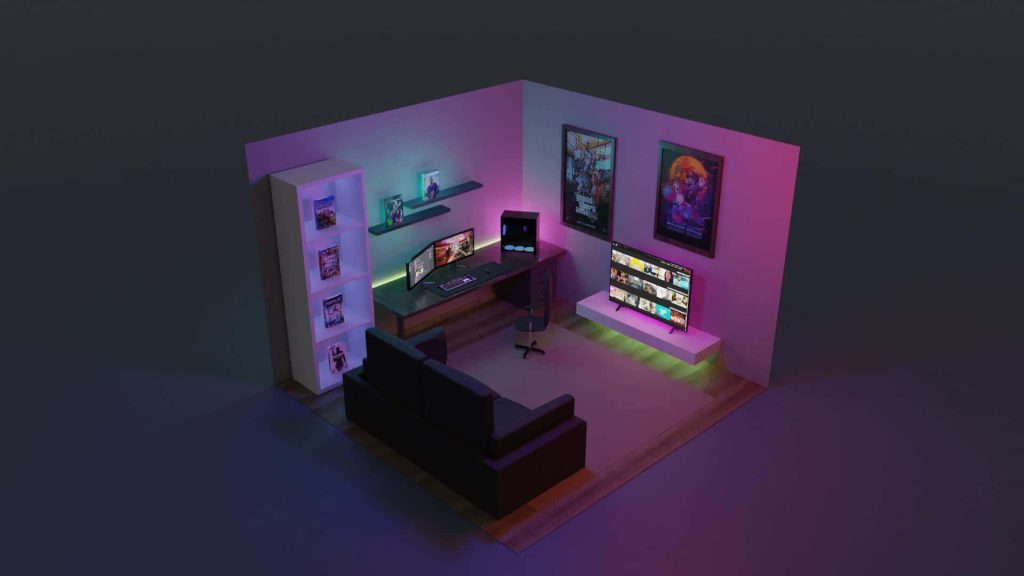 Isometric 3D gaming room with PC battle station purple teal LED lights cozy library wallpaper