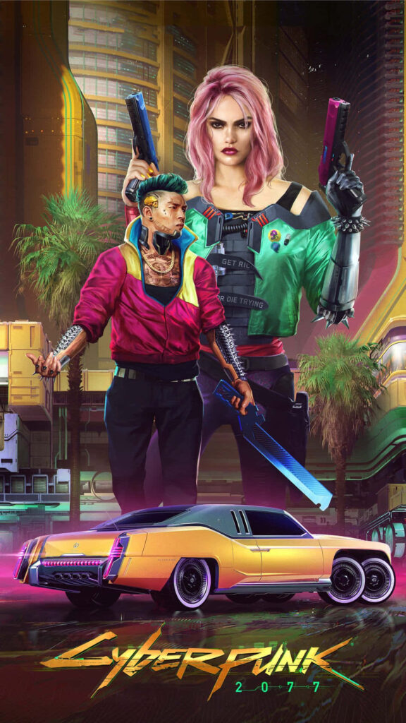 Glimpse into Night City's Kitsch Aesthetic: Immersive Digital Art Background of Cyberpunk 2077's Action-Packed World Wallpaper