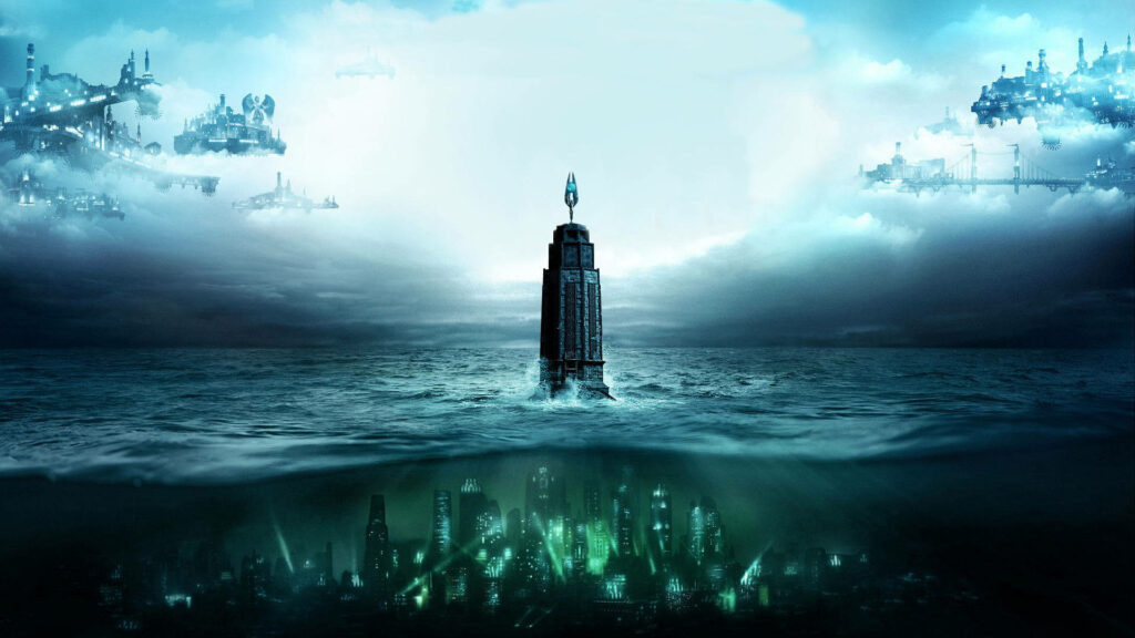 Enthralling Bioshock Infinite Collection Displaying Spectacular Sky-High Floating Island Encased in a Captivating Underwater Metropolis Wallpaper