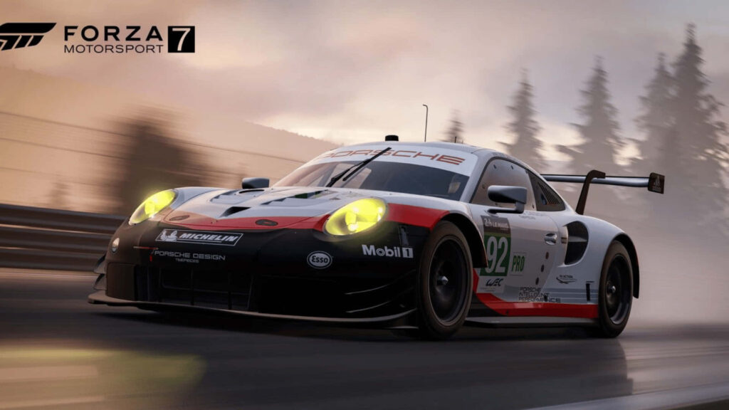 Porsche race car speeding on track at dusk in Forza Motorsport 7 wallpaper