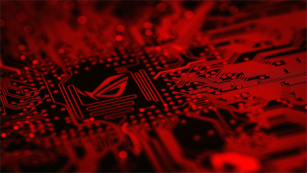 The Glowing Emblem: A Striking 4k Capture of the Asus Rog Logo on a Motherboard, Radiating Intense Red Light - Spellbinding Asus Rog 4k Gaming Wallpaper