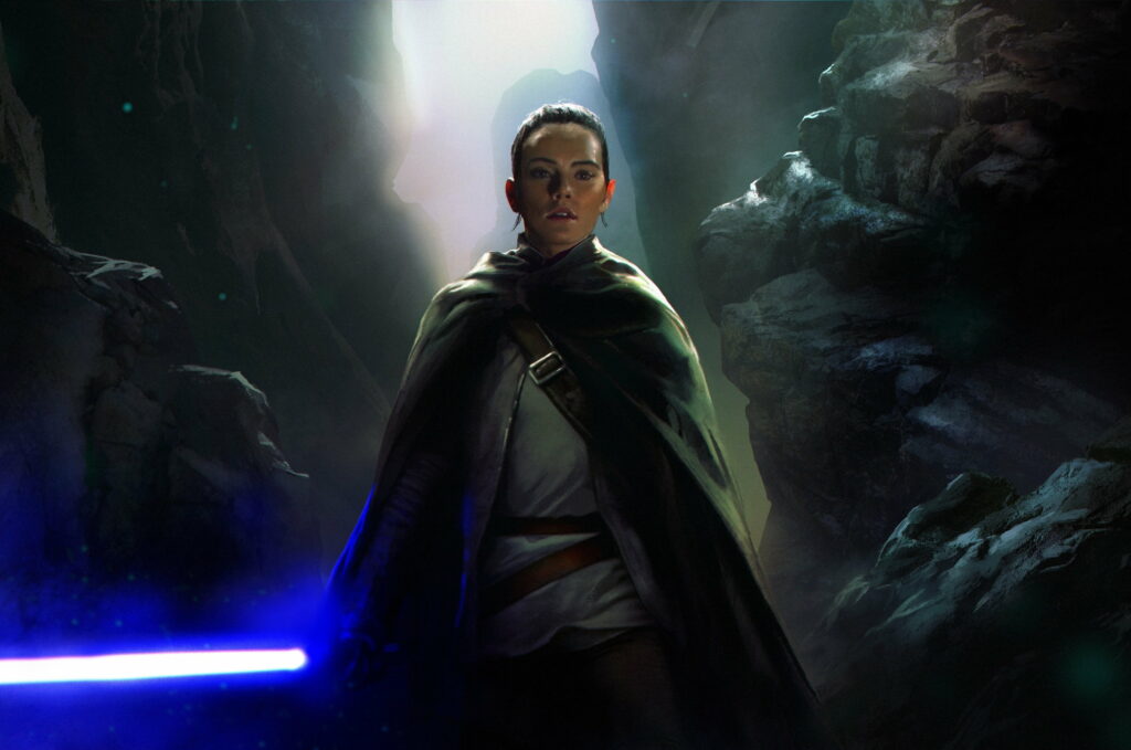 The Resilient Heroine: Rey - A Captivating Star Wars Artwork Exemplifying Majestic Digital Artistry Wallpaper
