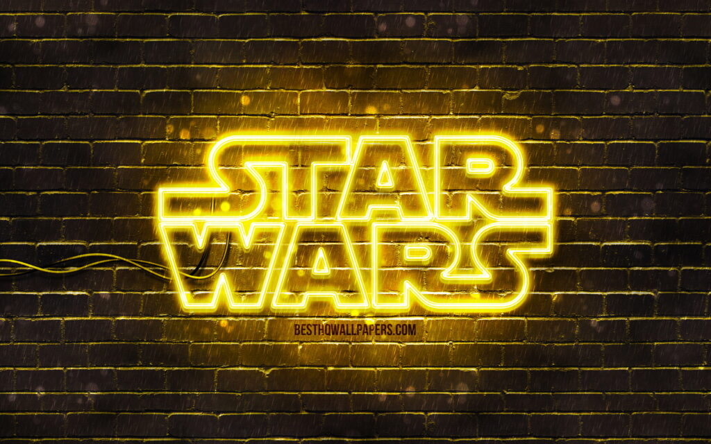 Galactic Vibes: Immersive Star Wars Neon Wallpaper with Yellow Brick-Wall Backdrop