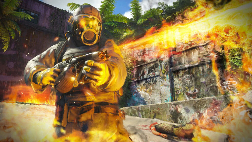 Far Cry 3 Gas Mask Wallpaper: Intense Combat Scene in Tropical Setting