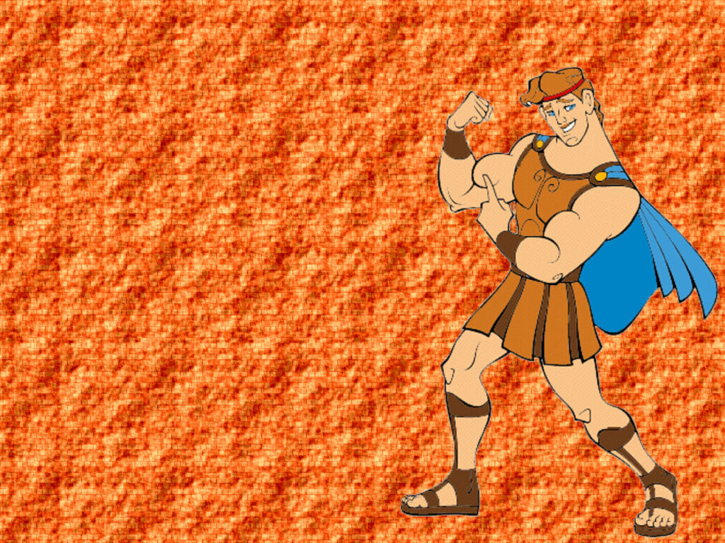 Majestic Hercules donning vibrant armor against a textured orange backdrop. Wallpaper