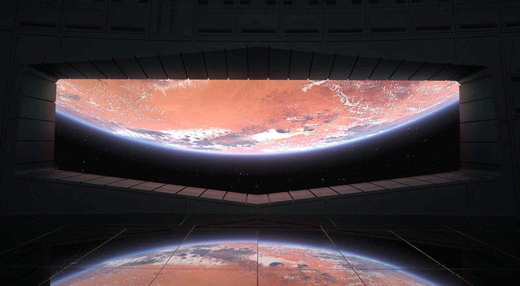 Imperial Star Destroyer deck with red glowing planet and deep space cinematic view wallpaper