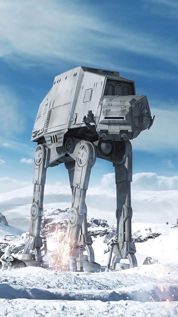 Imperial Walker AT-AT on snowy icy Planet Hoth under clear blue sky Star Wars wallpaper background