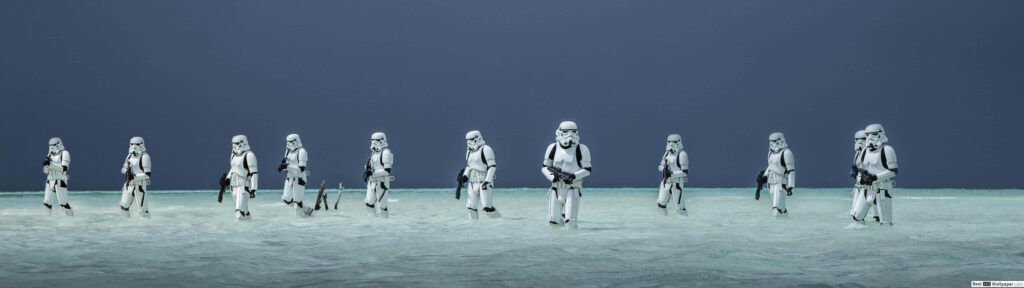 Imposing Force: An Army of Stormtroopers Amidst a Minimalistic Expanse in 5120x1440 Dual Screen Wallpaper