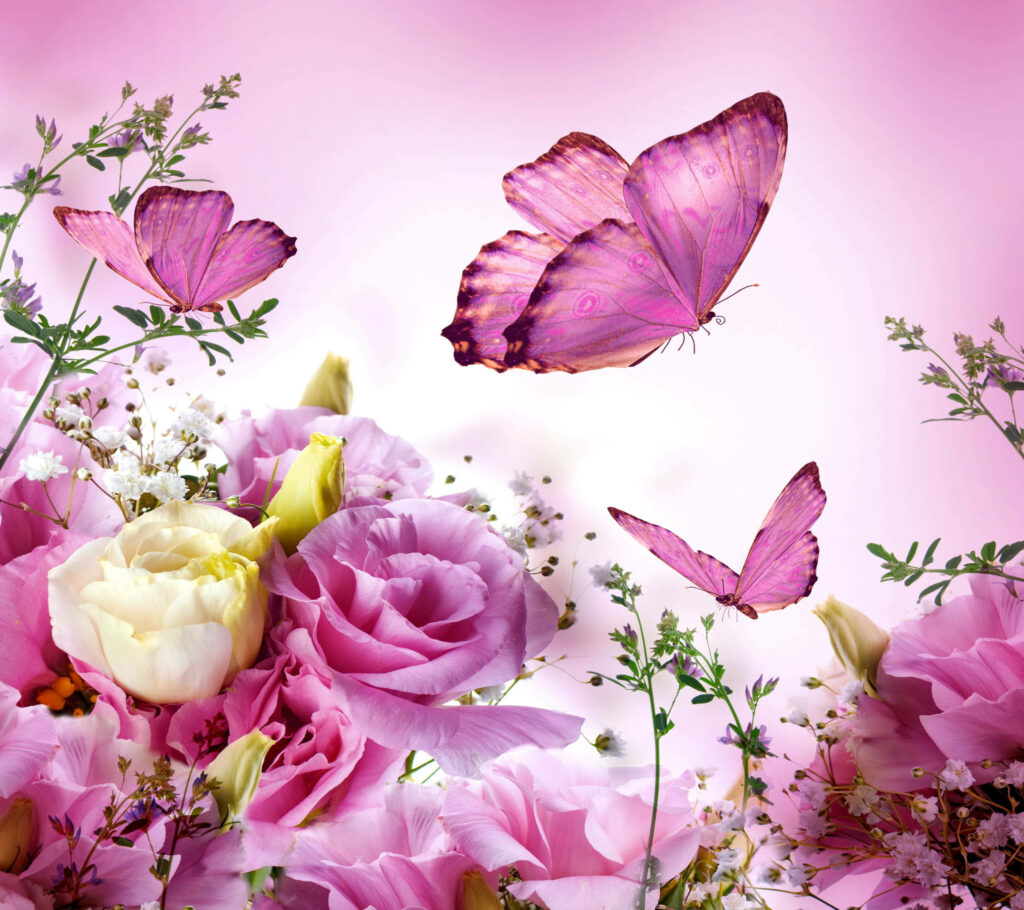 In a Flower-Filled Haven: Playful Pink Butterflies Embellish a Serene Garden Wallpaper