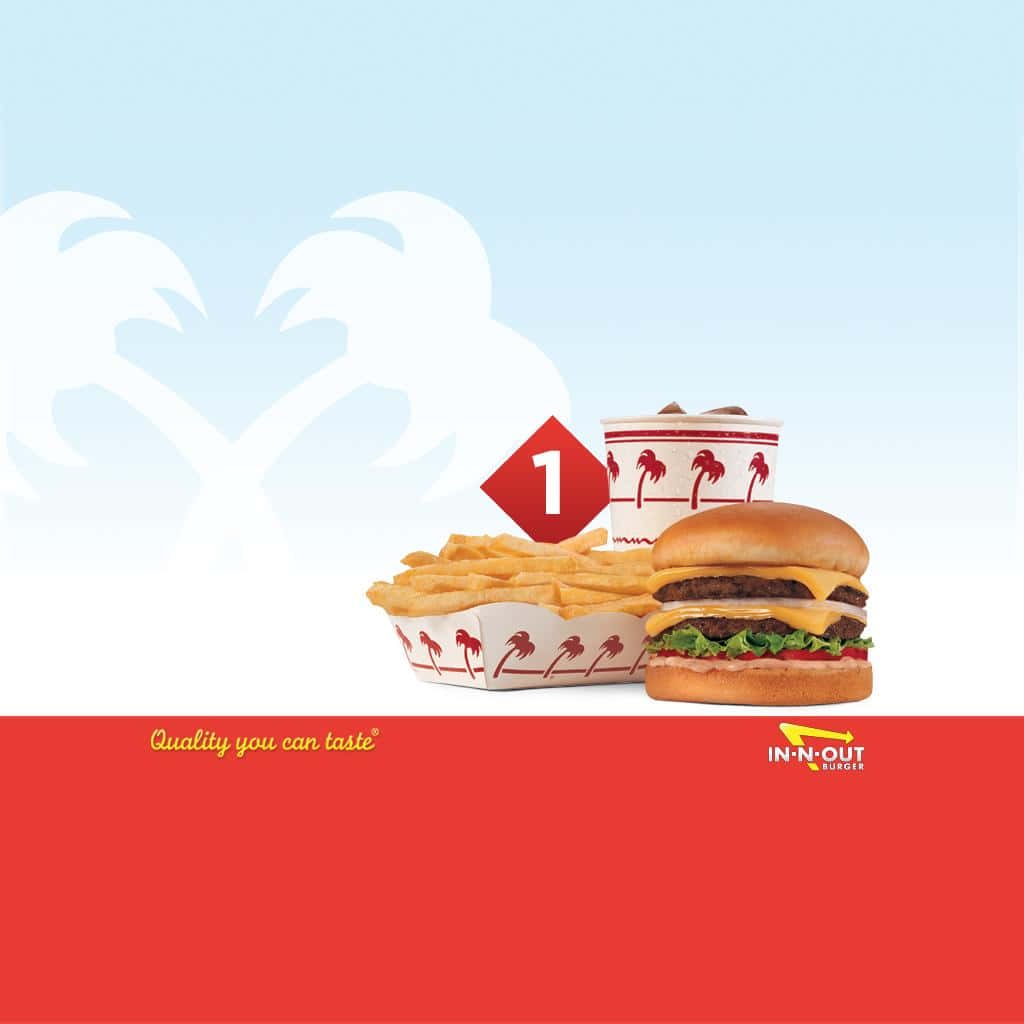 In-N-Out Number 1 combo wallpaper with Double-Double burger fries drink and red palm trees background