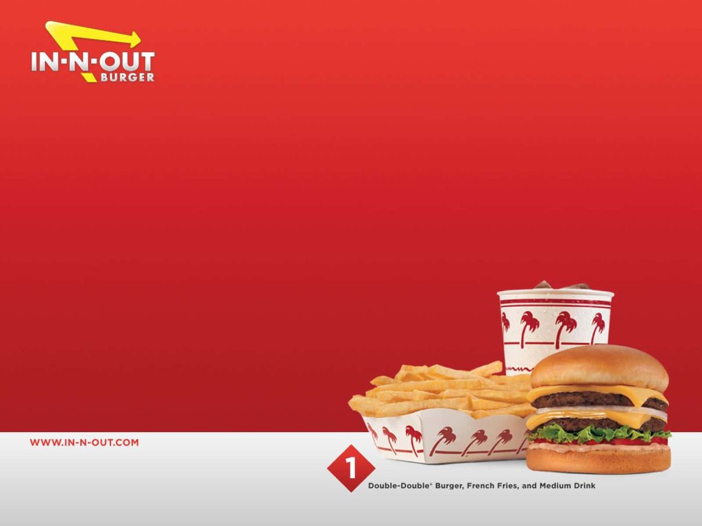 In-N-Out Burger wallpaper with Double-Double burger fries and drink on red background