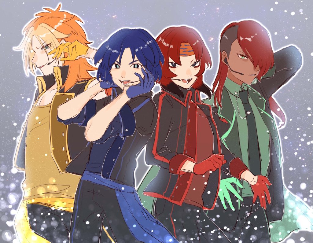 Inazuma Eleven anime wallpaper with four characters in dynamic pose on glittering lavender background