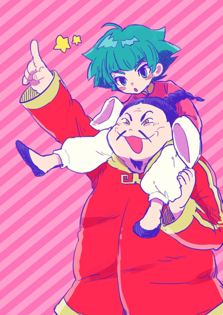Inazuma Eleven wallpaper featuring Fei Rune on Liu Bei’s shoulders in red outfits pink stripes