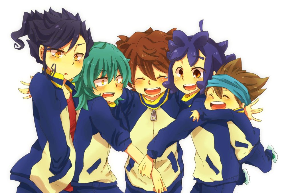 Inazuma Eleven GO Raimon team group hug cheerful friendship anime wallpaper background