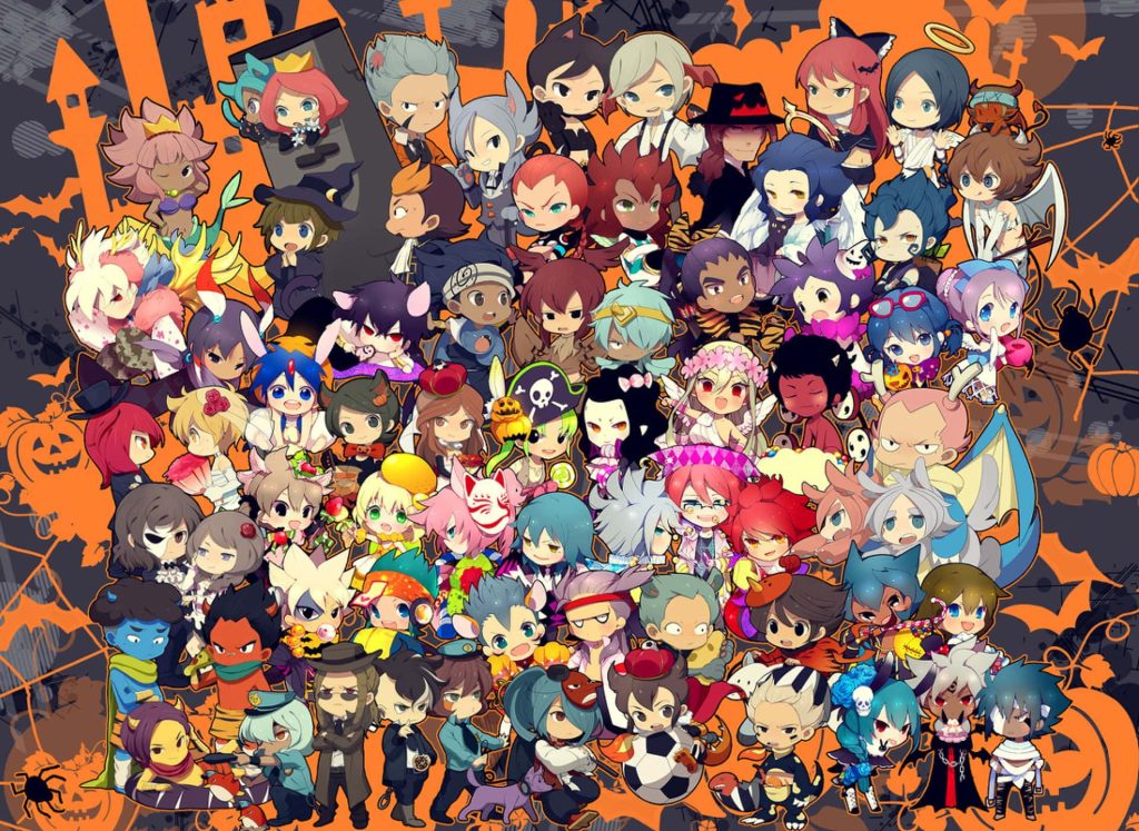 Halloween Inazuma Eleven wallpaper with chibi characters in costumes jack-o-lantern bats background