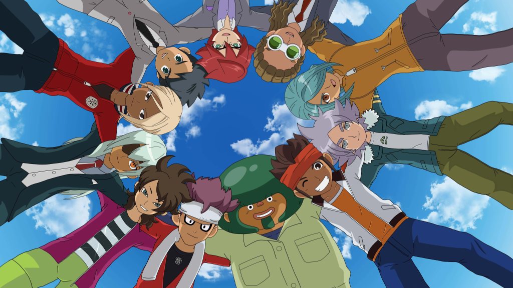 Inazuma Eleven Team Skyward Pose Raimon squad huddle anime characters blue sky wallpaper
