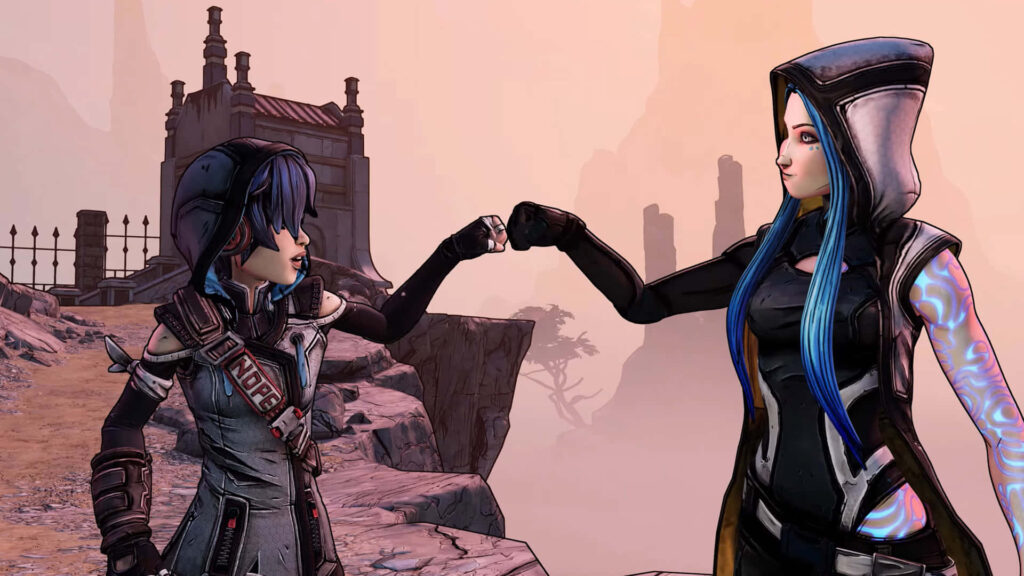 Borderlands 3 Wallpaper: Two Characters Fist Bumping in Futuristic Outfits in Vibrant, Cel-Shaded Landscape