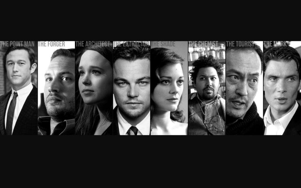 Black and white Inception wallpaper showing main characters with unique roles like The Architect and The Forger