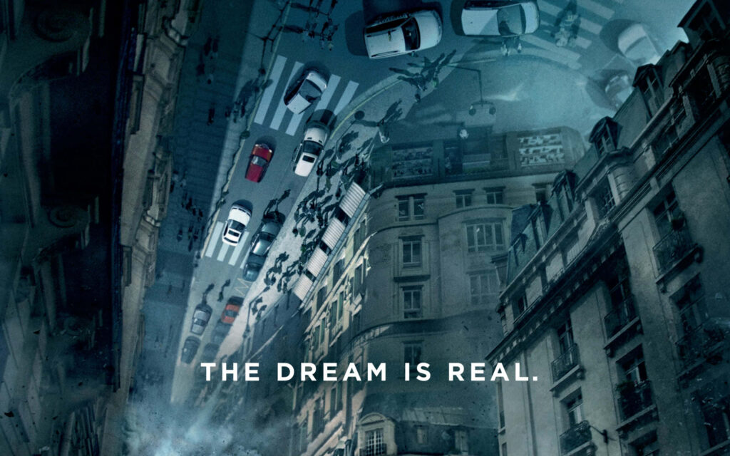 Surreal Inception wallpaper of a cityscape folding onto itself capturing dream reality manipulation