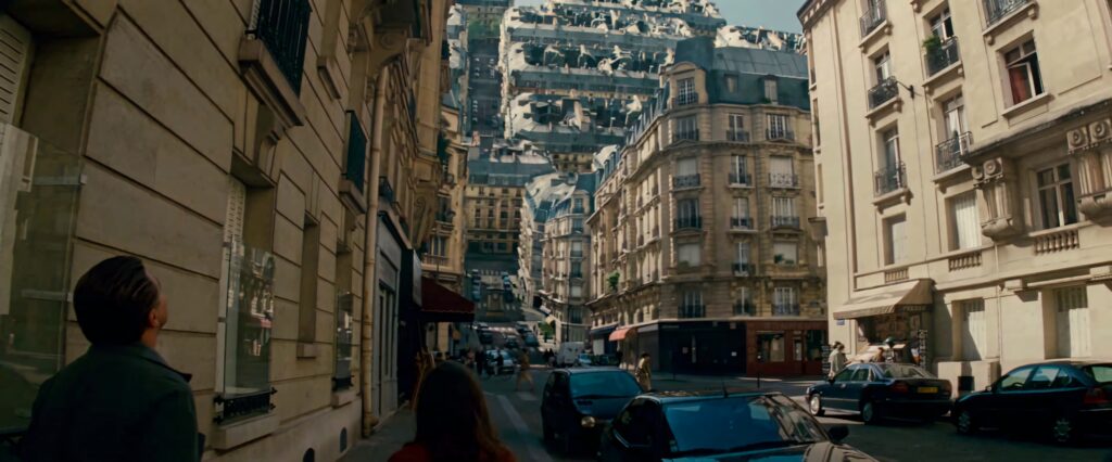 Inception folding city wallpaper with surreal urban landscape bending in impossible shapes