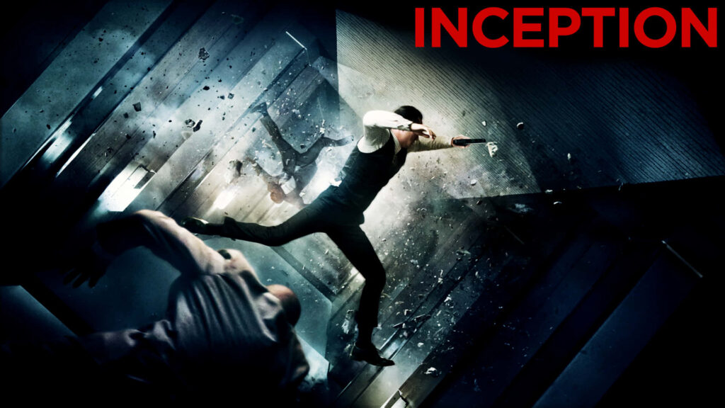 Inception wallpaper with gravity-defying action scene showcasing dynamic dream-bending visuals