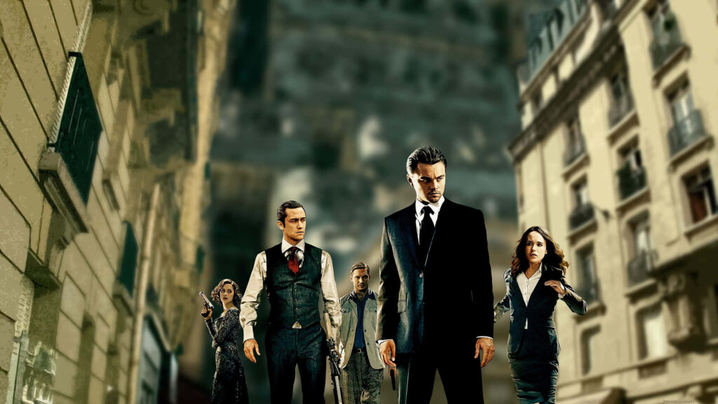 Inception main cast walking on city street with surreal dreamlike buildings intense atmosphere wallpaper