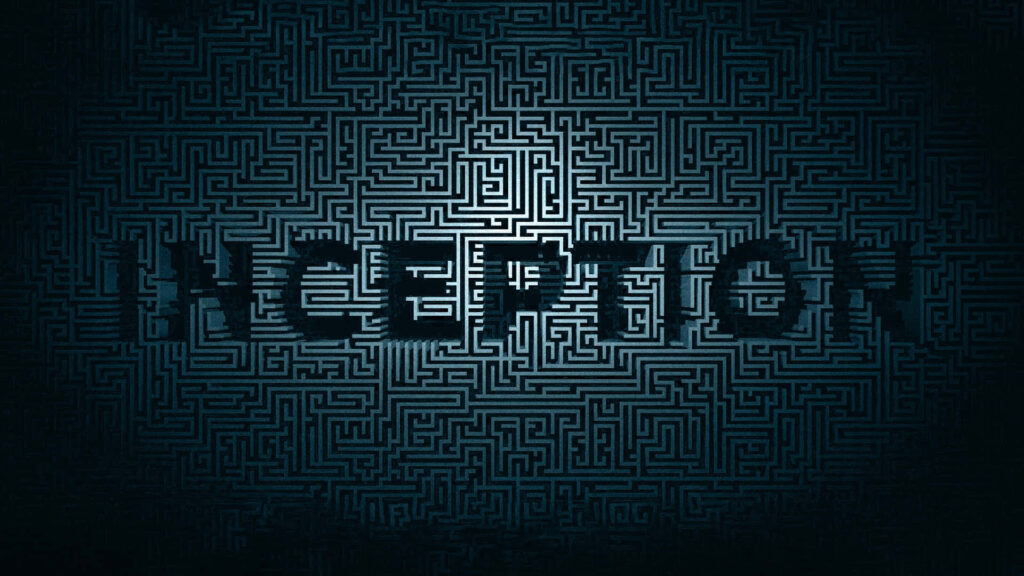 Dark maze pattern wallpaper with bold Inception text highlighting mystery and complexity