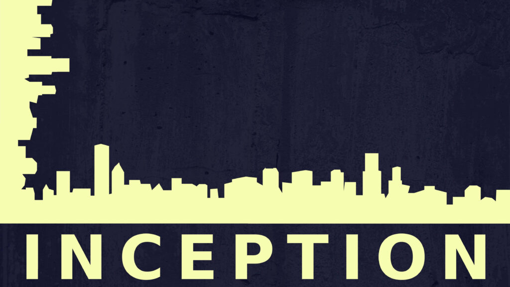 Minimalist Inception wallpaper with film title and surreal cityscape inspired by movie architecture