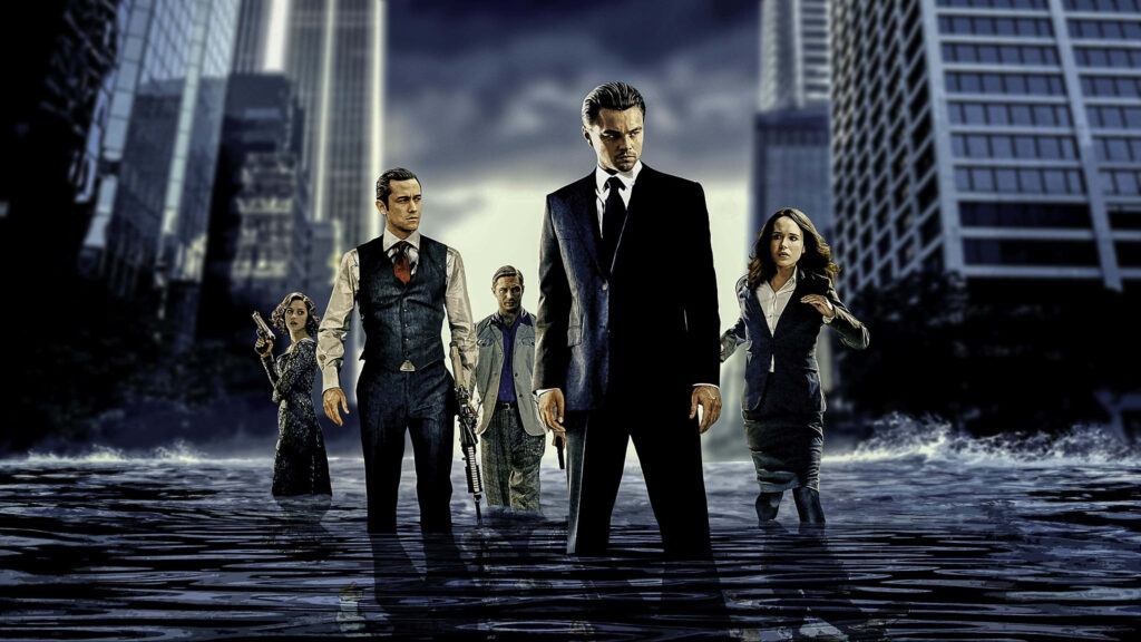 Inception movie cast in stylish suits wading through water with towering city buildings backdrop Wallpaper