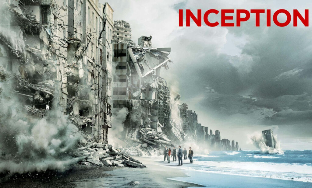 Inception movie poster wallpaper with collapsing city buildings on beach and people together