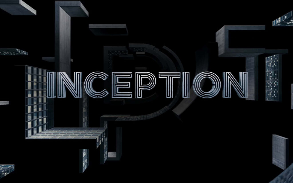 Inception movie title wallpaper with dark backdrop and dreamlike architectural design elements