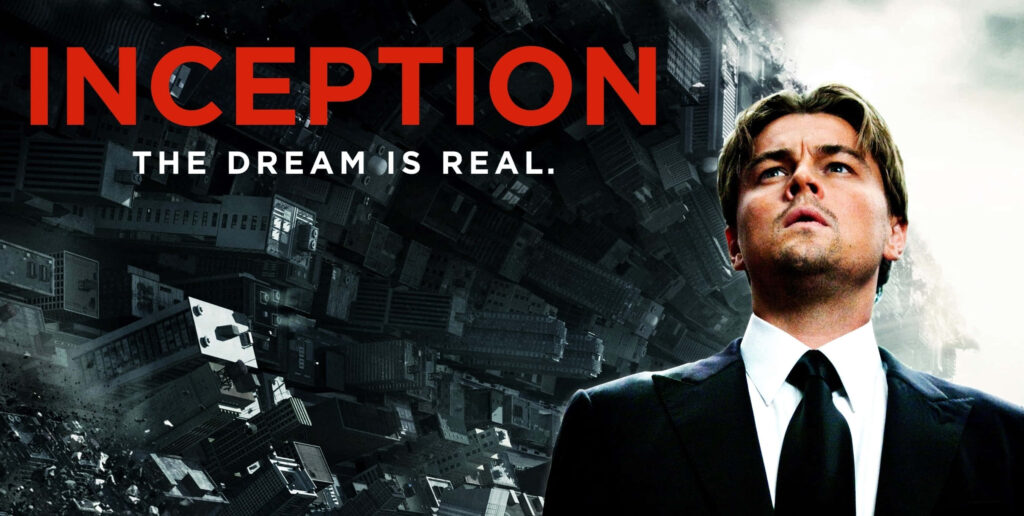 Inception movie poster wallpaper with Leonardo DiCaprio and surreal dreamlike cityscape background