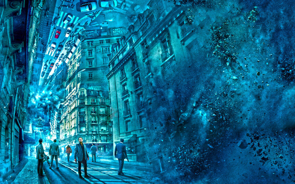 Surreal bending cityscape wallpaper inspired by Inception with twisting buildings and curved streets