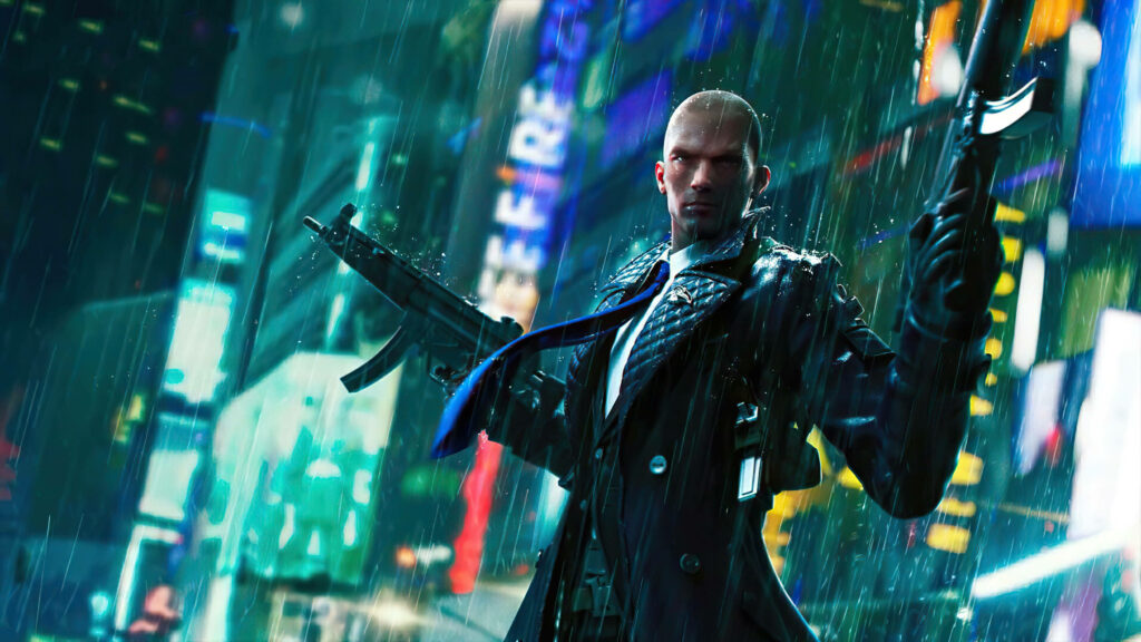 Assassin's Ambush: A Captivating 4k Rainy Shot of Hitman Agent 47 with Dual Weapons - Striking Hitman Background Photograph Wallpaper