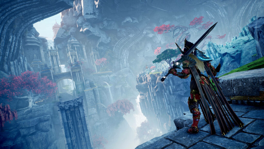 The Majestic Godfall Champion: A Valiant Warrior in a Desolate Dungeon, Gazing Across Ancient Abysses with a Mighty Blade Wallpaper