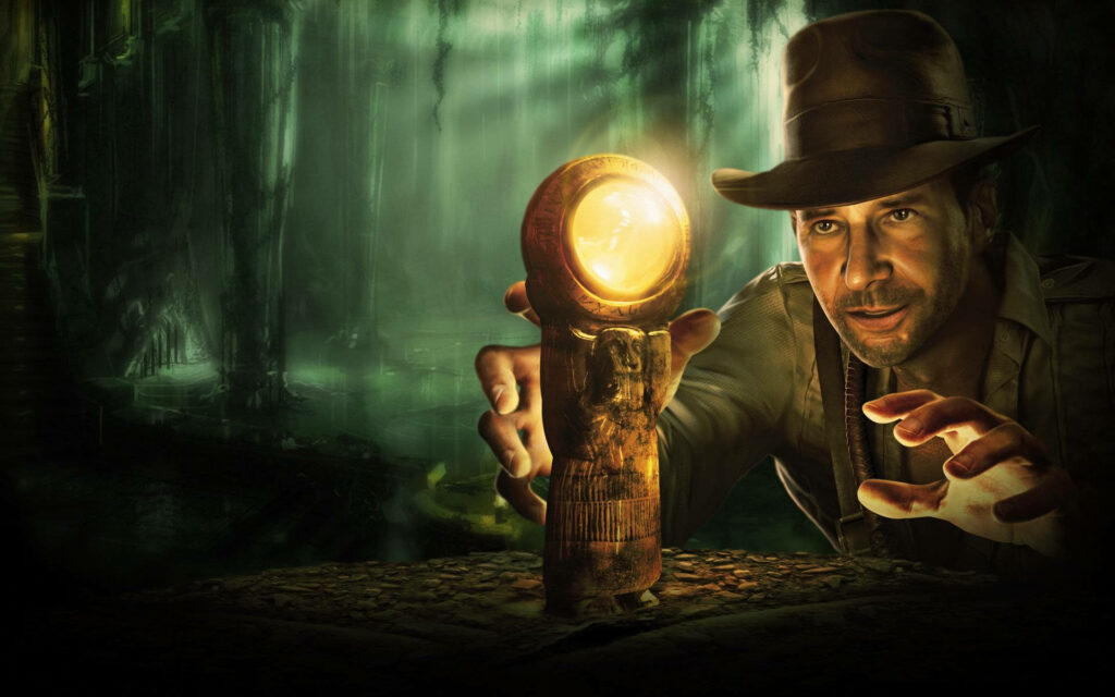 Indiana Jones Adventure Wallpaper: Glowing Artifact in Lush Cave