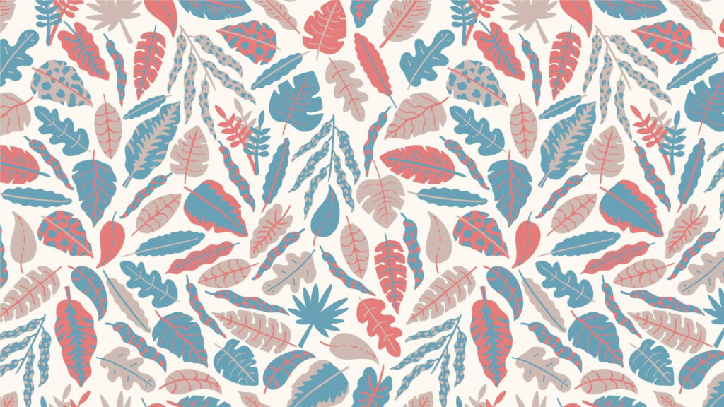 Boho wallpaper with seamless tropical leaves pattern in dusty rose teal beige on cream background