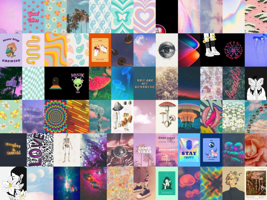 Indie Aesthetic Delight: A Vibrant Collage Inspired by Graphic Designs Wallpaper