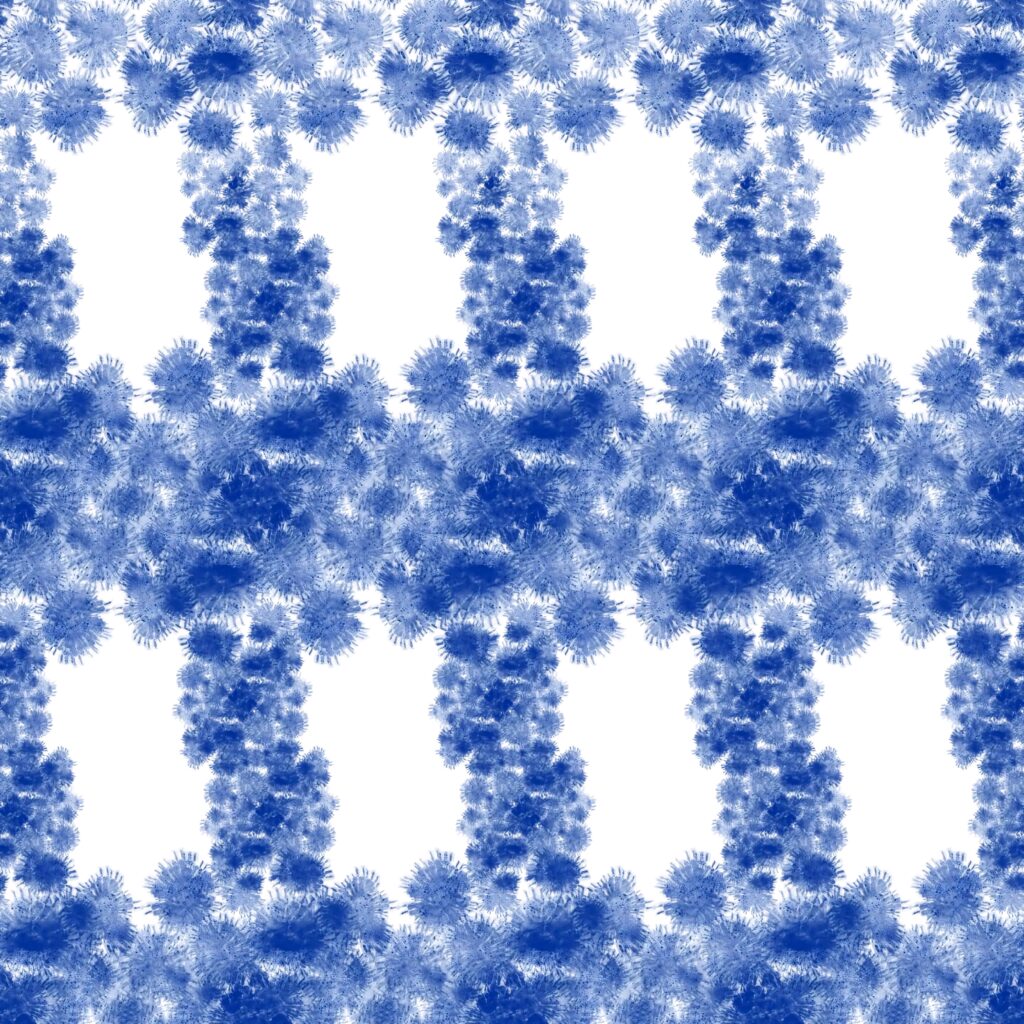 Indigo blue shibori dye wallpaper with soft cloud-like splashes on white textured background