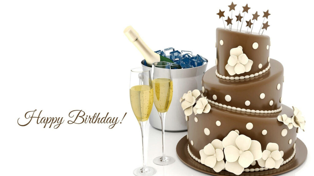 Three-Tiered Birthday Chocolate Cake with Wine and Bubbly Wallpaper