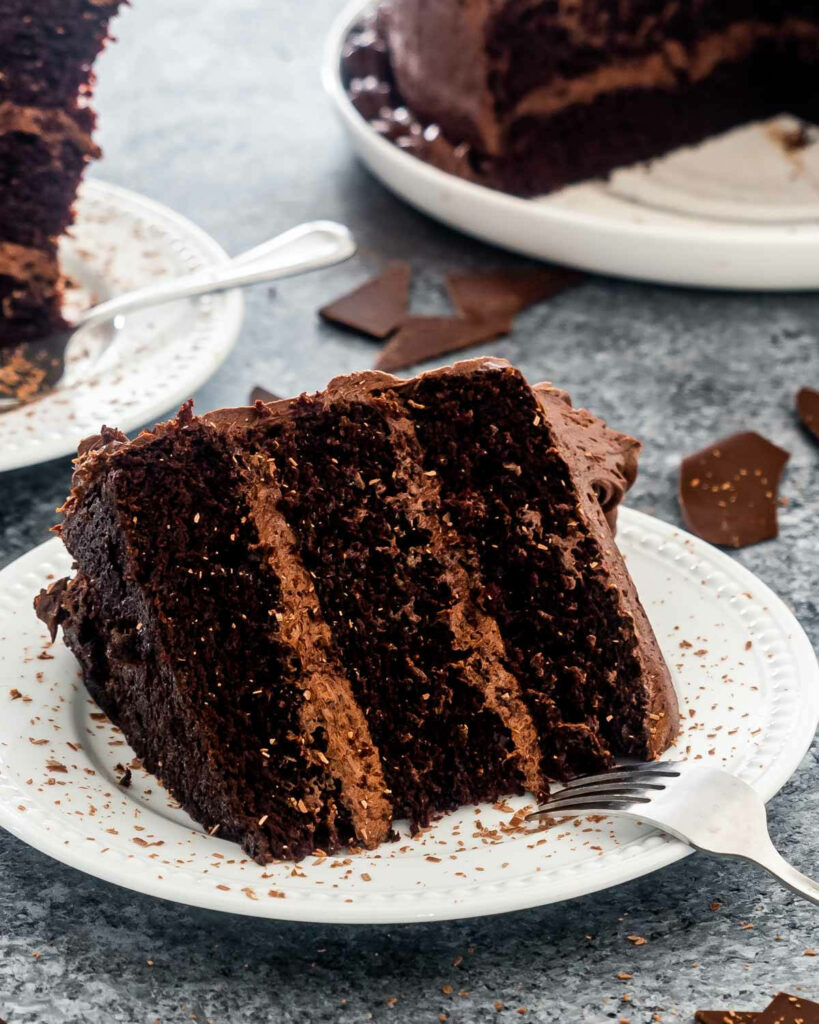 Indulgent Chocolate Cake Slice on White Plate - Tempting Wallpaper