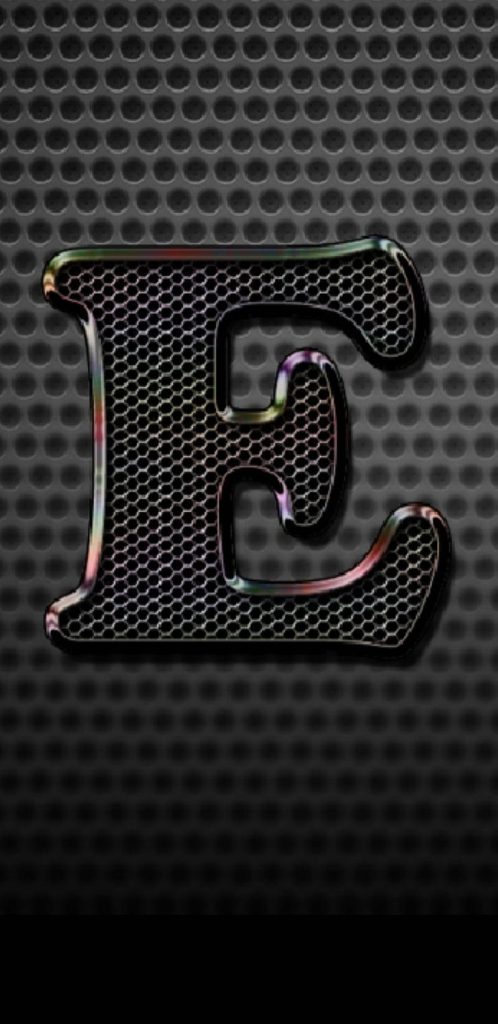 Industrial style 3D letter E wallpaper with metallic mesh and dark perforated background design