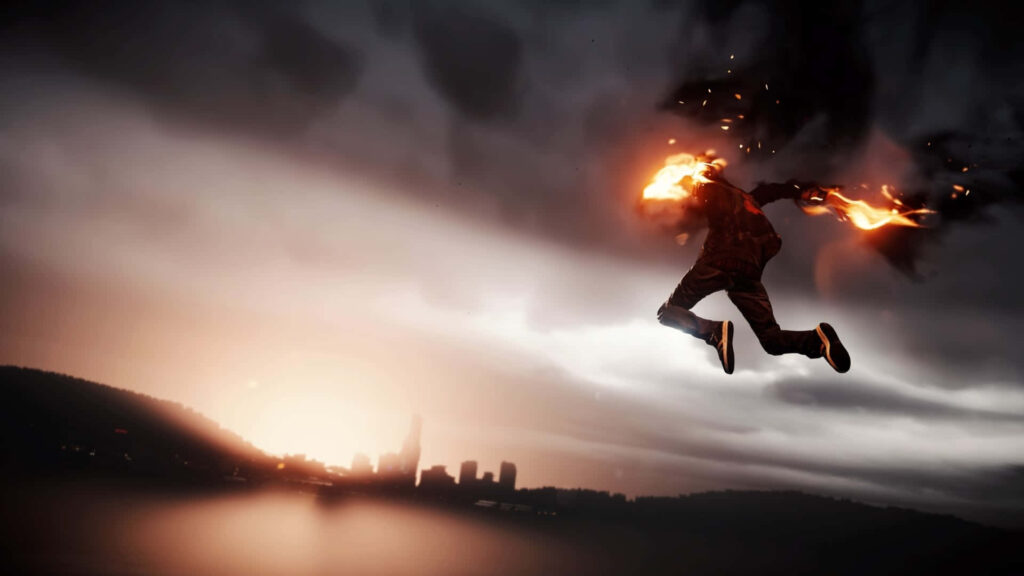 Infamous Dynamic Wallpaper: Character Soaring with Flames at Sunset